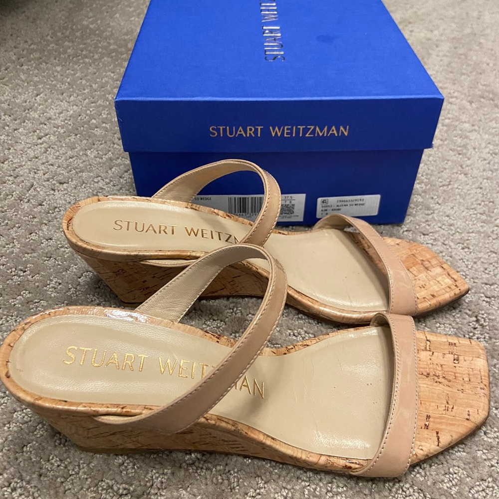 Stuart Weitzman Aleena 50 Wedge patent nude and cork, 2.25” wedge heel.
